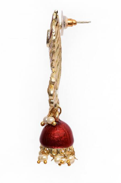 Peacock Feather Pattern Maroon Jhumki Drop Earrings for Womens by House of Ree | Swadesiicart