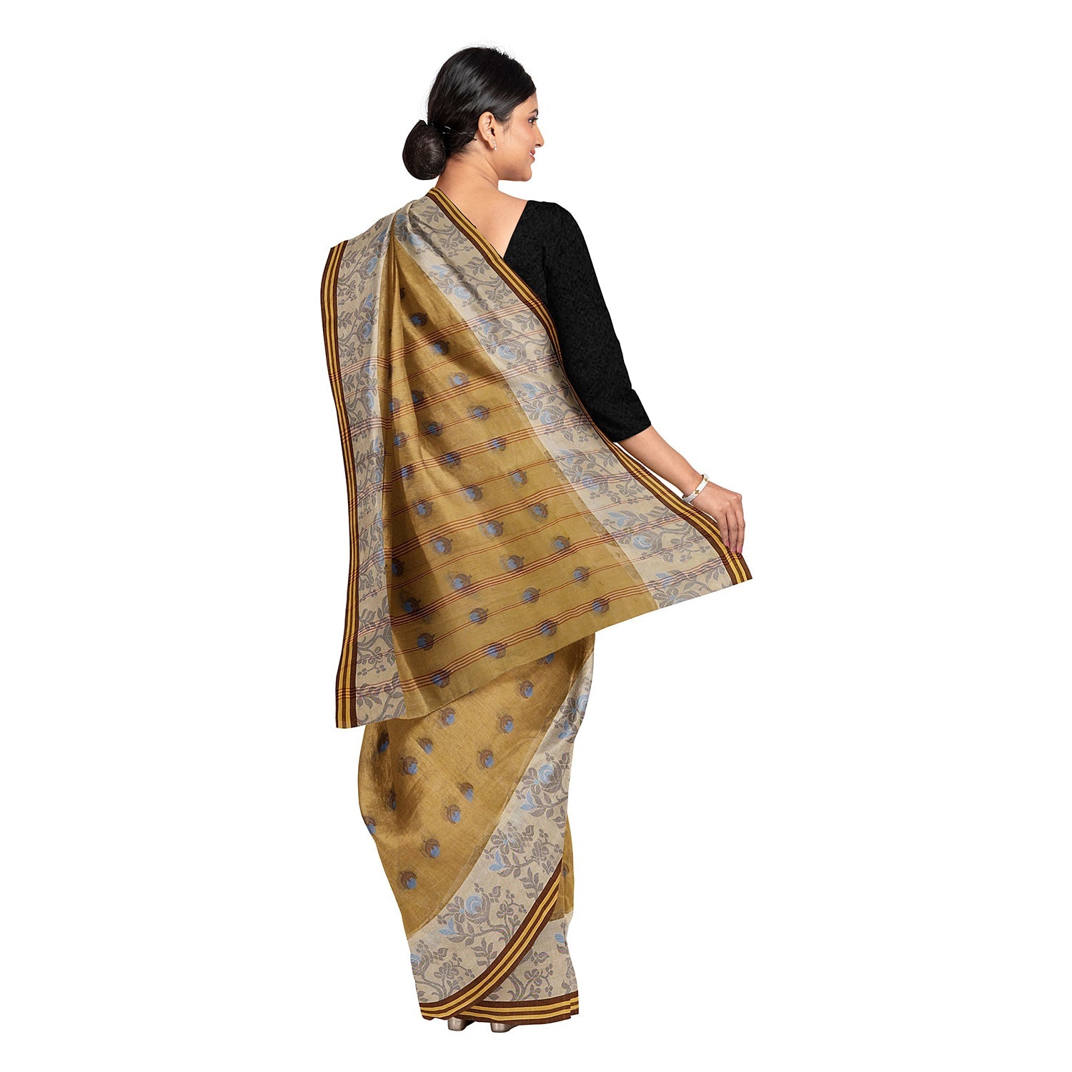 Exclusive Collection 100% Pure Cotton Light Beige Tant Saree With Hand Weaving Work - Swadesiicart