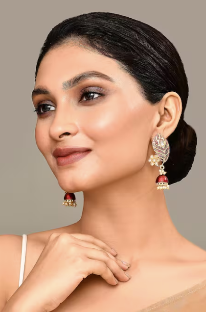 Peacock Feather Pattern Maroon Jhumki Drop Earrings for Womens by House of Ree | Swadesiicart