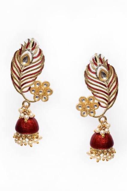 Peacock Feather Pattern Maroon Jhumki Drop Earrings for Womens by House of Ree | Swadesiicart