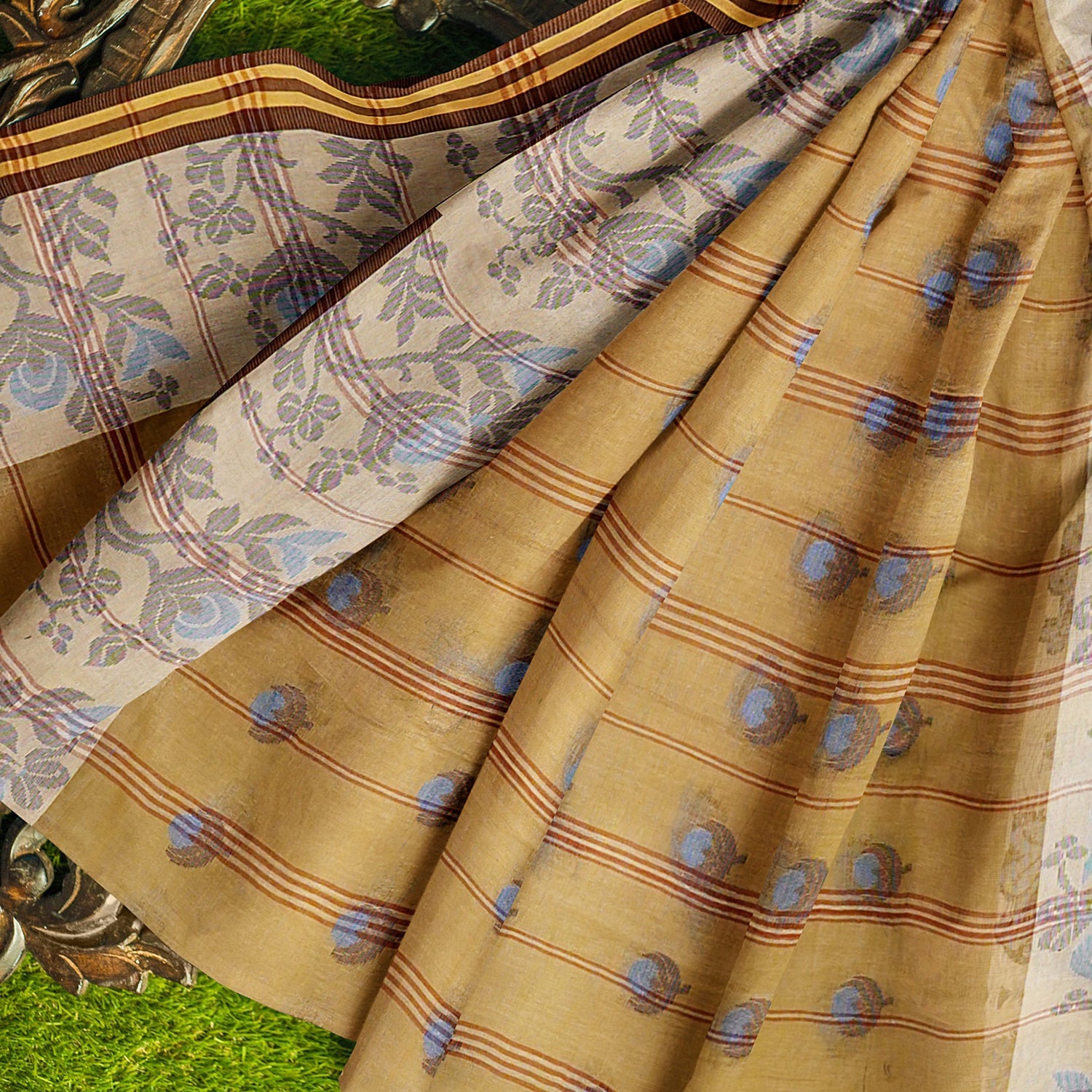 Exclusive Collection 100% Pure Cotton Light Beige Tant Saree With Hand Weaving Work - Swadesiicart