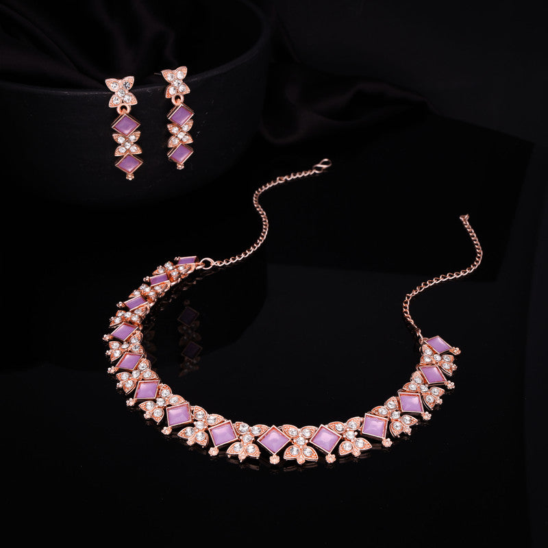 Tehzeeb Creations Rose Gold-Polished Lavender Choker Necklace With Dangle Earrings - Swadesiicart