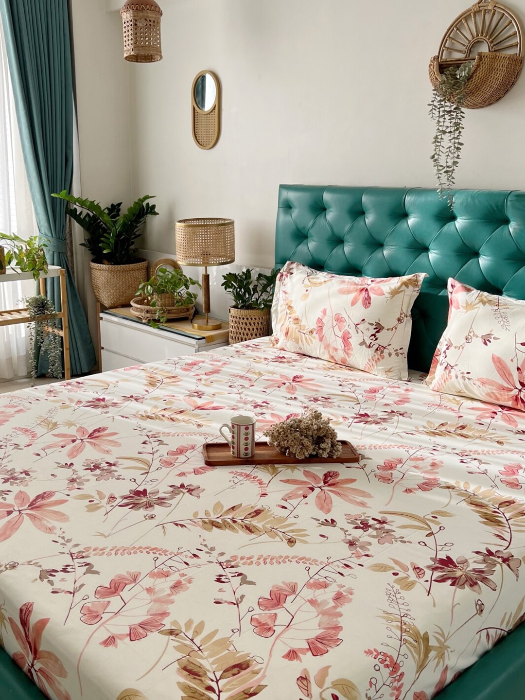 URBAN SPACE Serene White Floral Printed 200 TC Pure Cotton Bedsheet & Pillow Covers - Swadesiicart