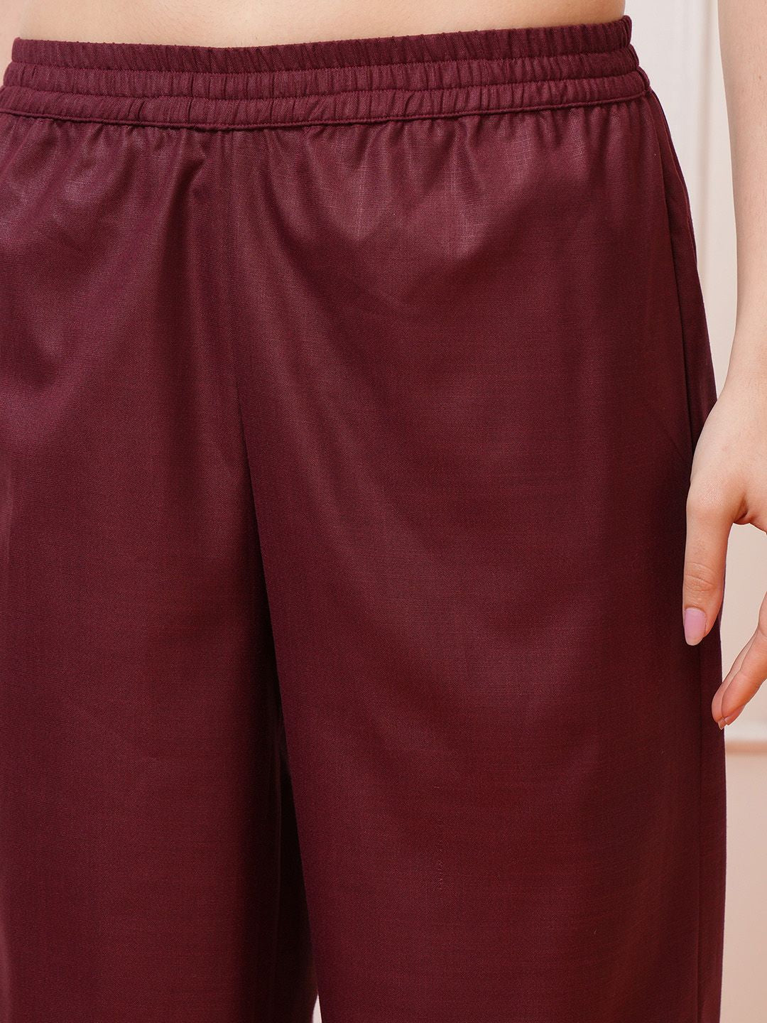 Vishudh Burgundy Ethnic Motifs Yoke Design Thread Work Kurta with Palazzo & Dupatta - Swadesiicart