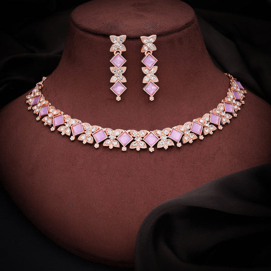 Tehzeeb Creations Rose Gold-Polished Lavender Choker Necklace With Dangle Earrings - Swadesiicart