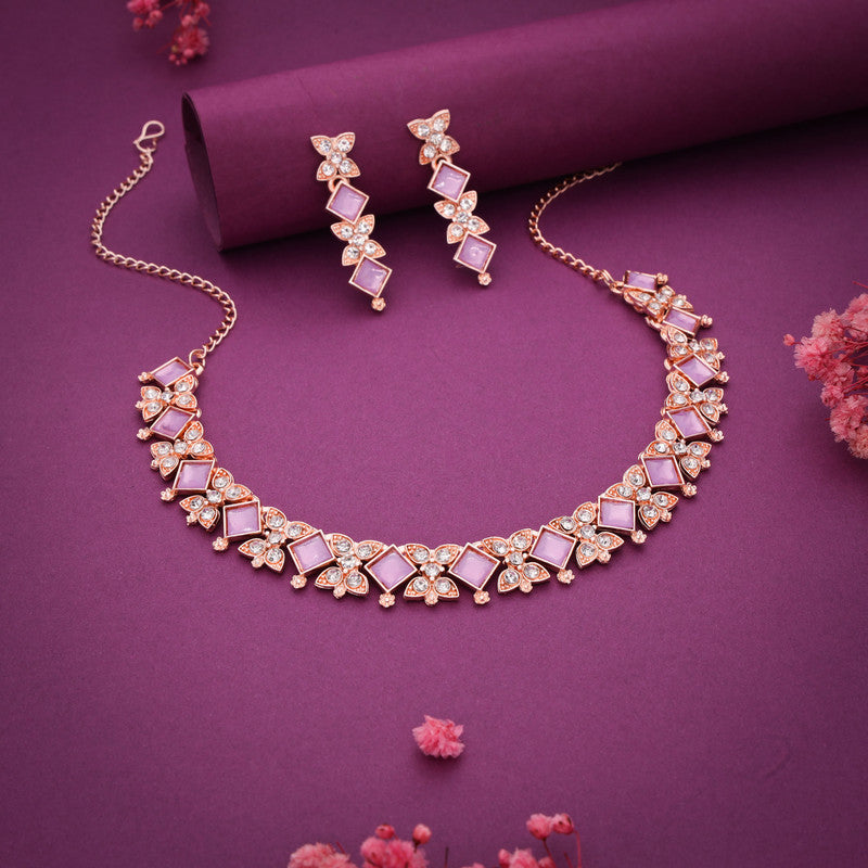 Tehzeeb Creations Rose Gold-Polished Lavender Choker Necklace With Dangle Earrings - Swadesiicart