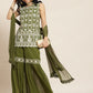 Juniper Womens Mehandigreen Georgette Embroidered Kurta With Santoon Lining,Solid Embroidered Garara And Shiffon Solid Dupatta Set | Swadesiicart