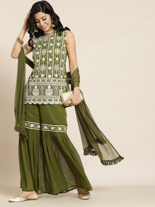 Juniper Womens Mehandigreen Georgette Embroidered Kurta With Santoon Lining,Solid Embroidered Garara And Shiffon Solid Dupatta Set | Swadesiicart