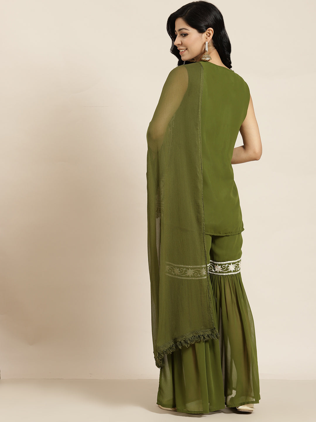 Juniper Womens Mehandigreen Georgette Embroidered Kurta With Santoon Lining,Solid Embroidered Garara And Shiffon Solid Dupatta Set | Swadesiicart