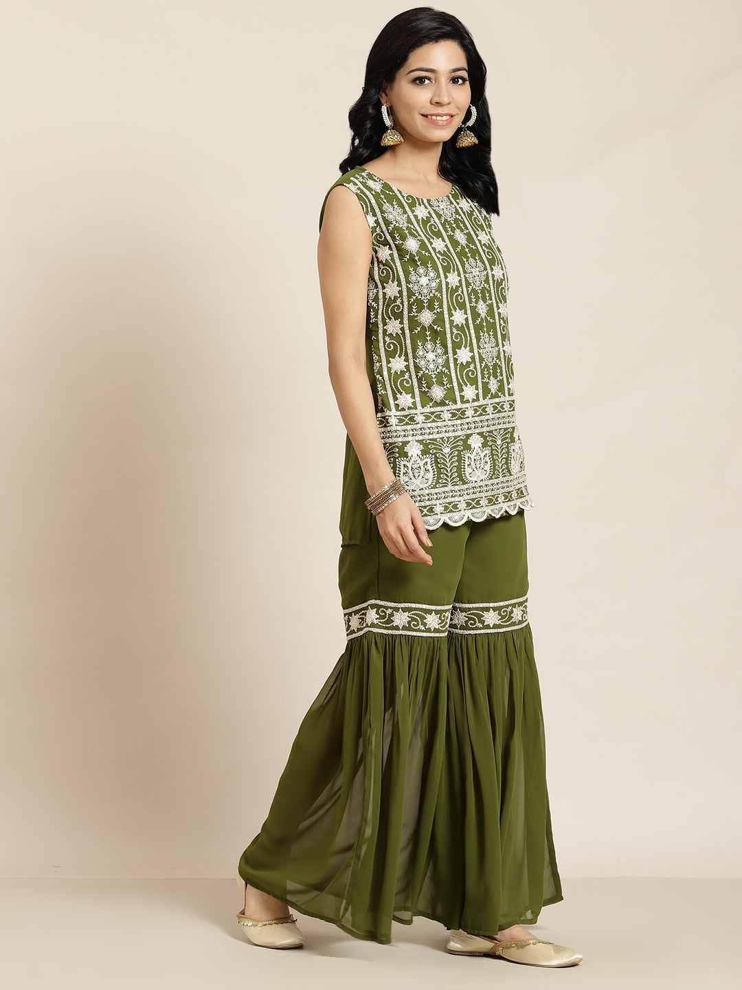Juniper Womens Mehandigreen Georgette Embroidered Kurta With Santoon Lining,Solid Embroidered Garara And Shiffon Solid Dupatta Set | Swadesiicart