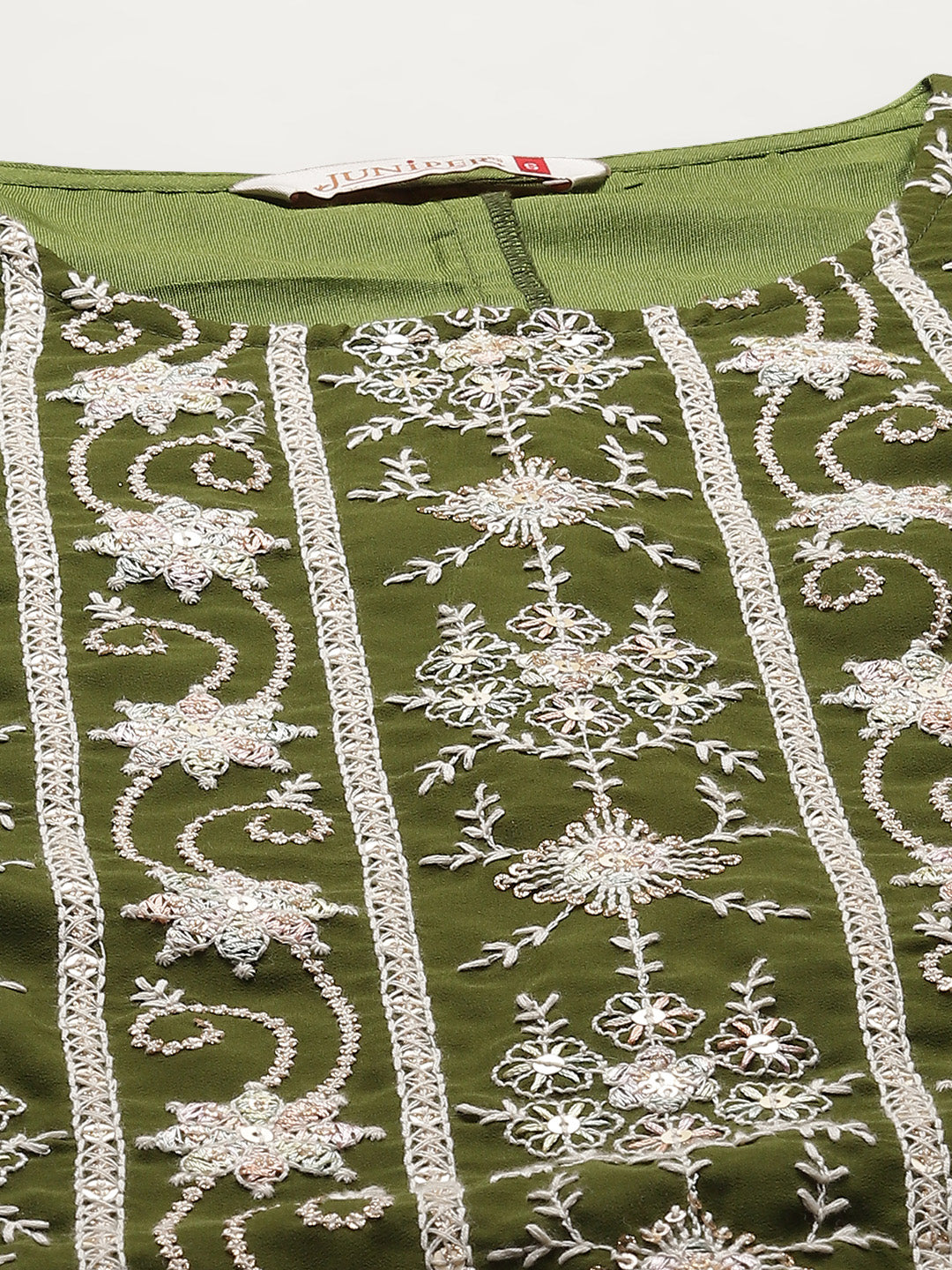 Juniper Womens Mehandigreen Georgette Embroidered Kurta With Santoon Lining,Solid Embroidered Garara And Shiffon Solid Dupatta Set | Swadesiicart