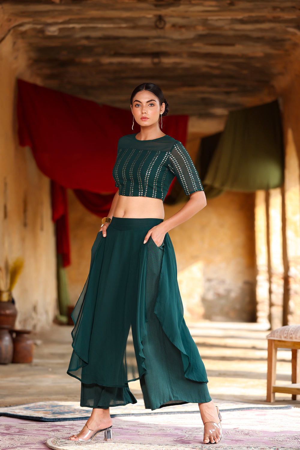 Juniper Women's Green Georgette Solid Fitted Clothing Set - Swadesiicart