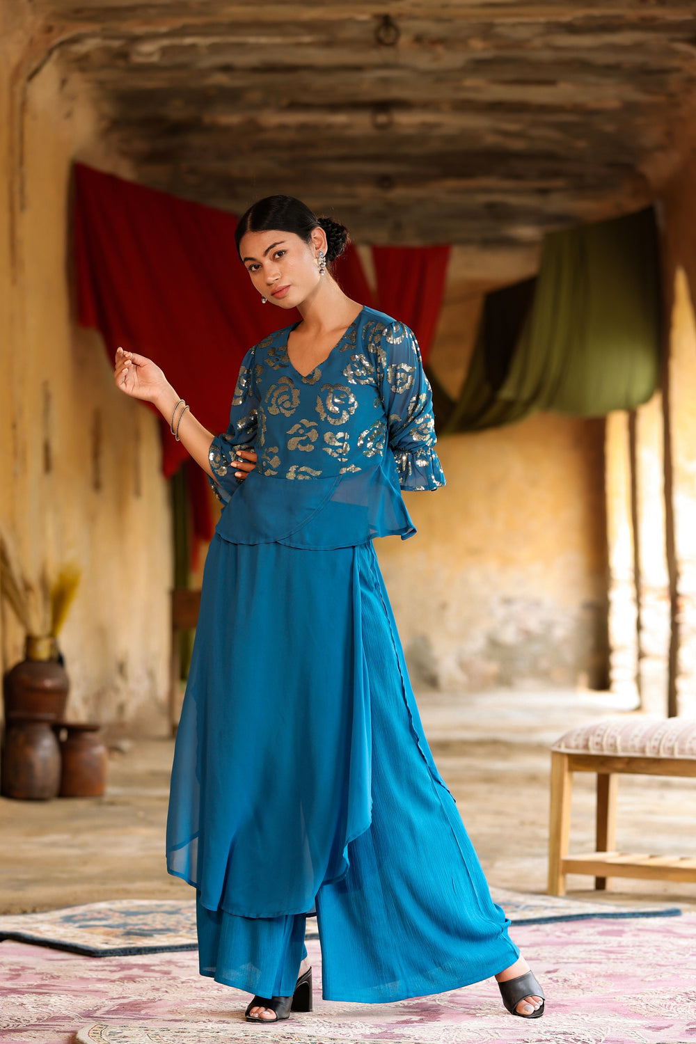 Juniper Women's Teal Georgette Solid Peplum Clothing Set | Swadesiicart