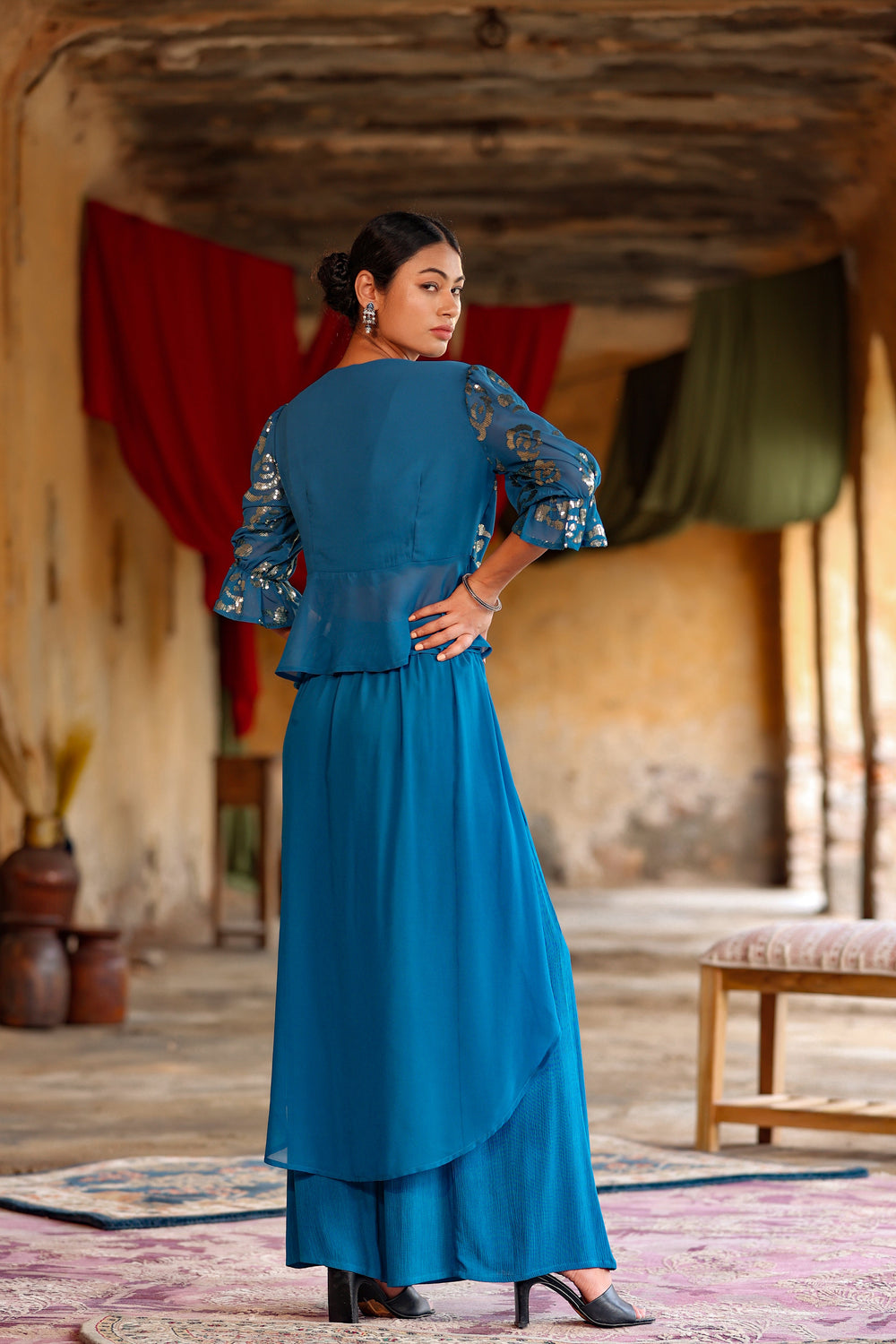 Juniper Women's Teal Georgette Solid Peplum Clothing Set | Swadesiicart