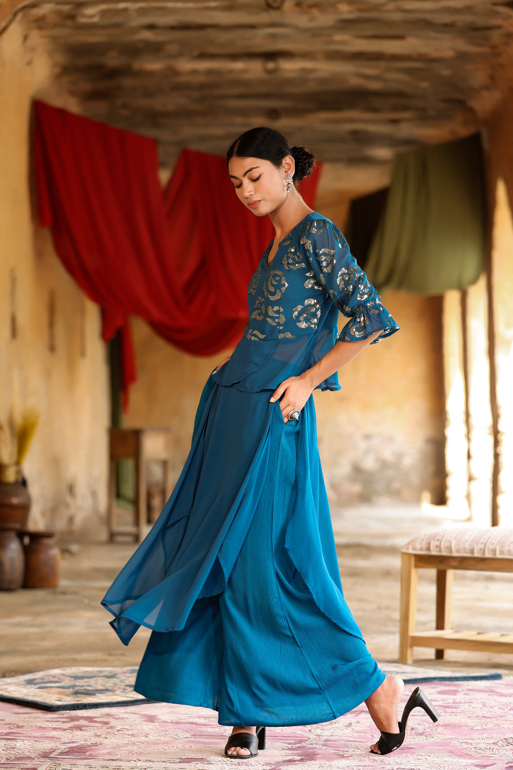 Juniper Women's Teal Georgette Solid Peplum Clothing Set | Swadesiicart
