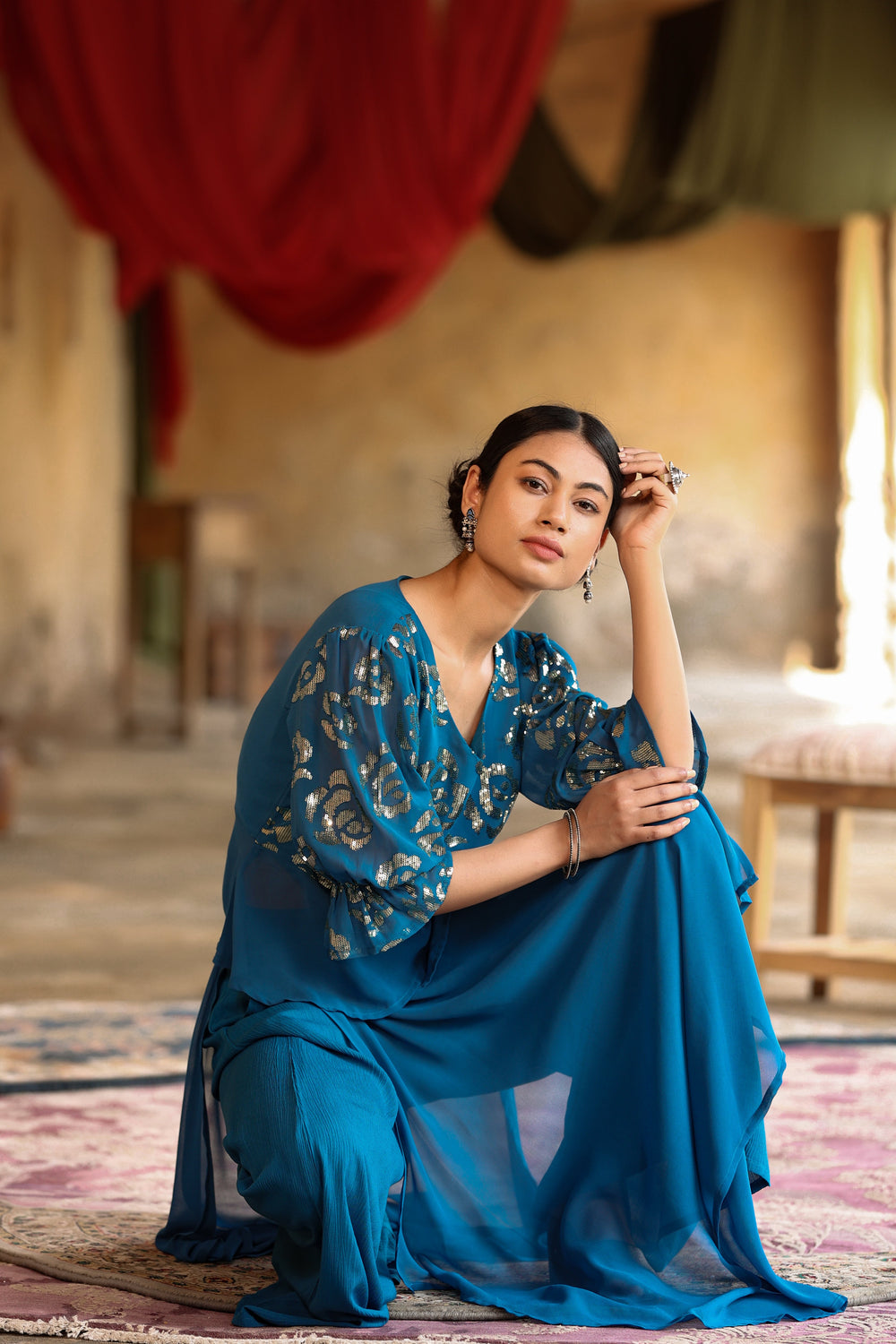 Juniper Women's Teal Georgette Solid Peplum Clothing Set | Swadesiicart