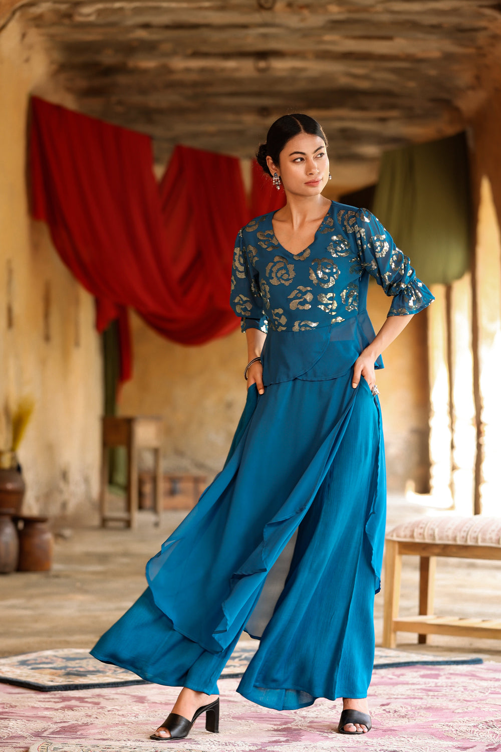 Juniper Women's Teal Georgette Solid Peplum Clothing Set | Swadesiicart