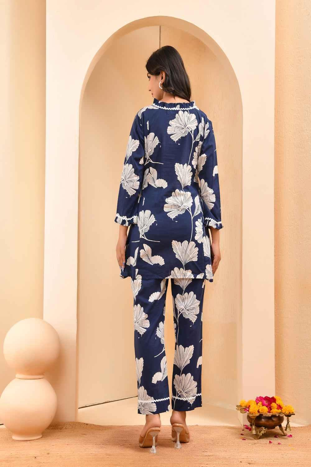 Vaasva Women Navy Pleated Cotton Printed Cord Set With Lace - Swadesiicart