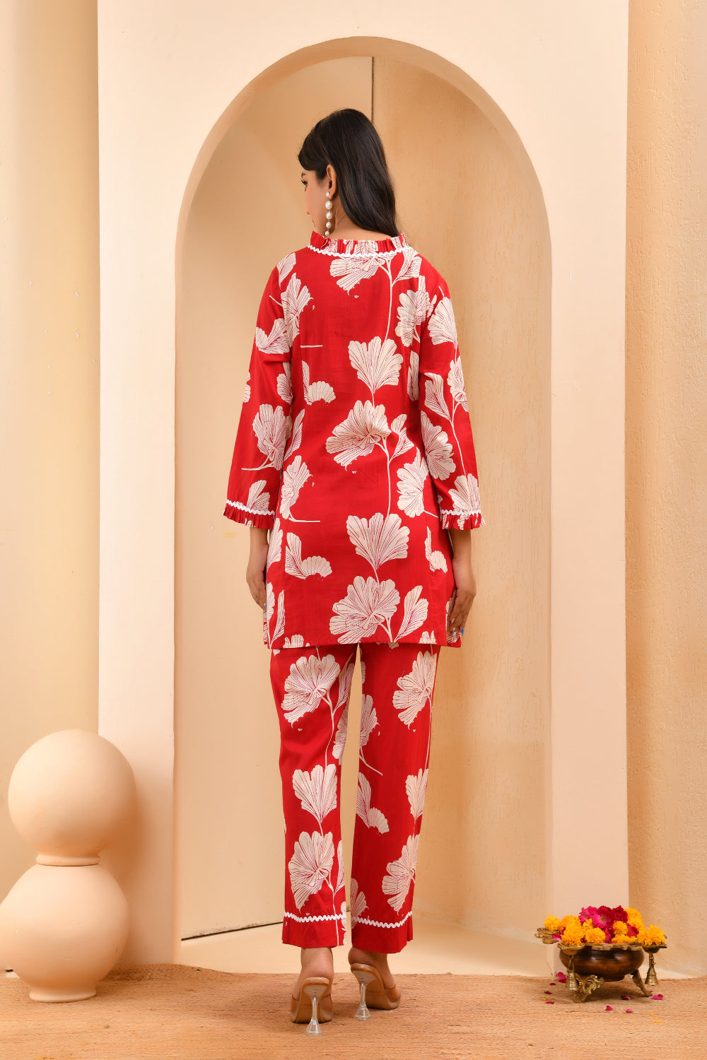 Vaasva Women Red Pleated Cotton Printed Cord Set With Lace - Swadesiicart