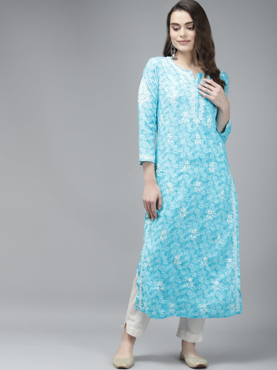 ADA Women Blue & White Floral Chikankari Cotton Handloom Kurta | Swadesiicart