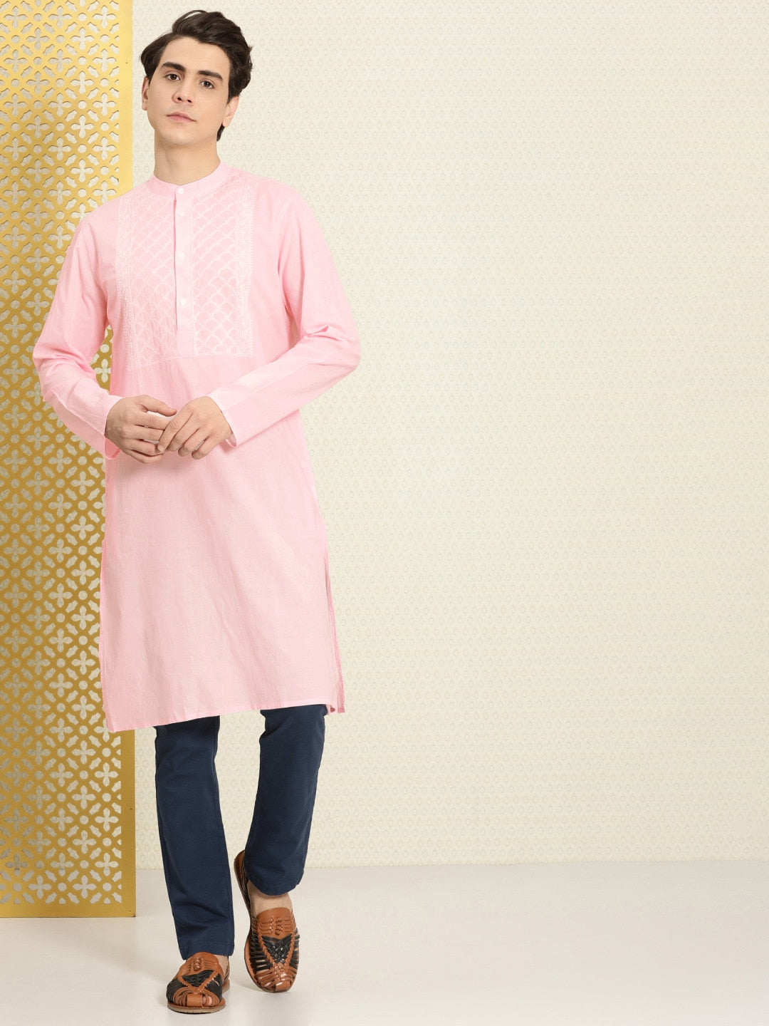 House of Pataudi Men Chikankari Yoke Design Pastels Pure Cotton Rozana Kurta | Swadesiicart