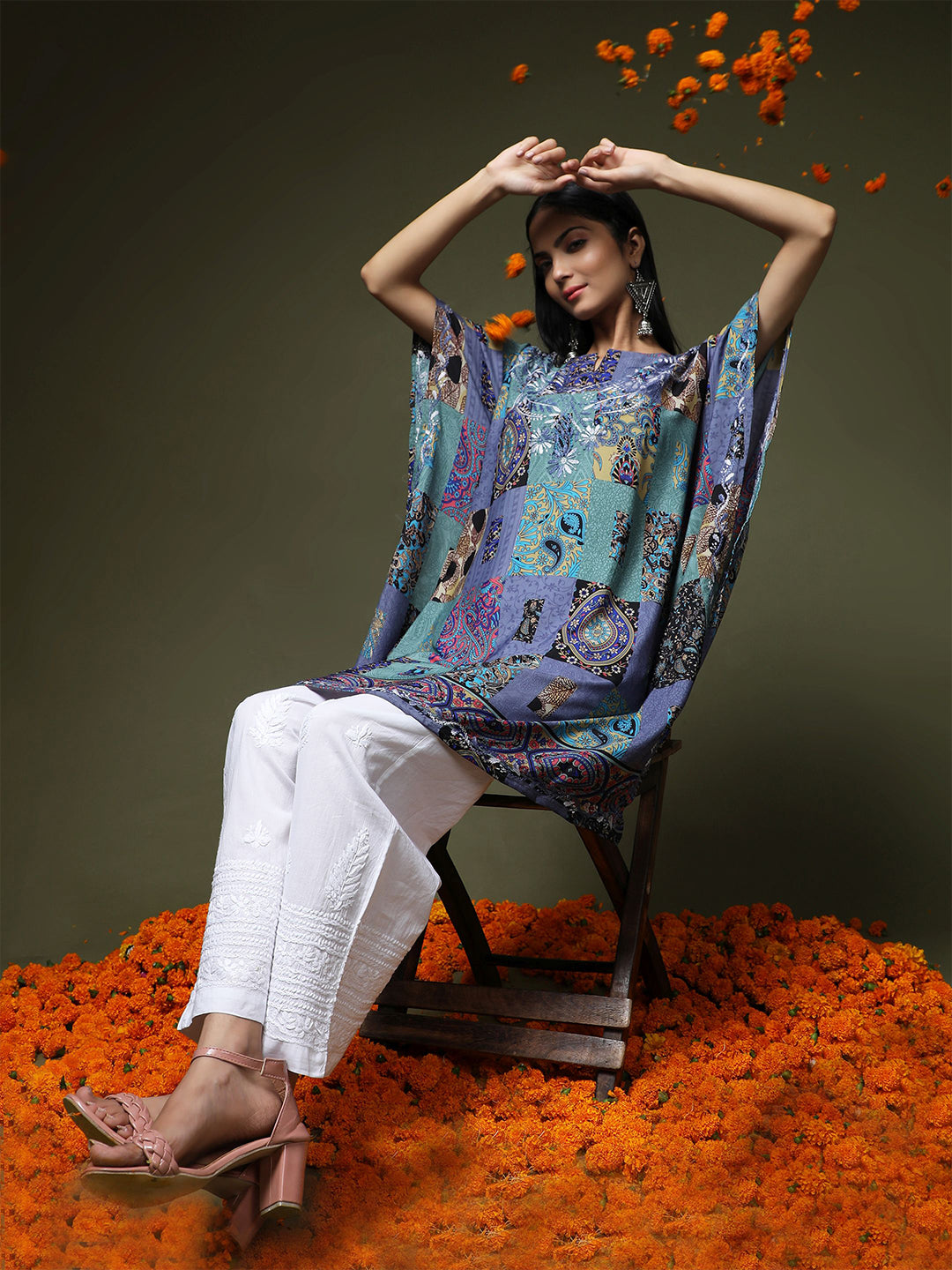 HOUSE OF KARI Ethnic Motifs Printed Notched Neck Chikankari Embroidery Cotton Kaftan Kurta | Swadesiicart