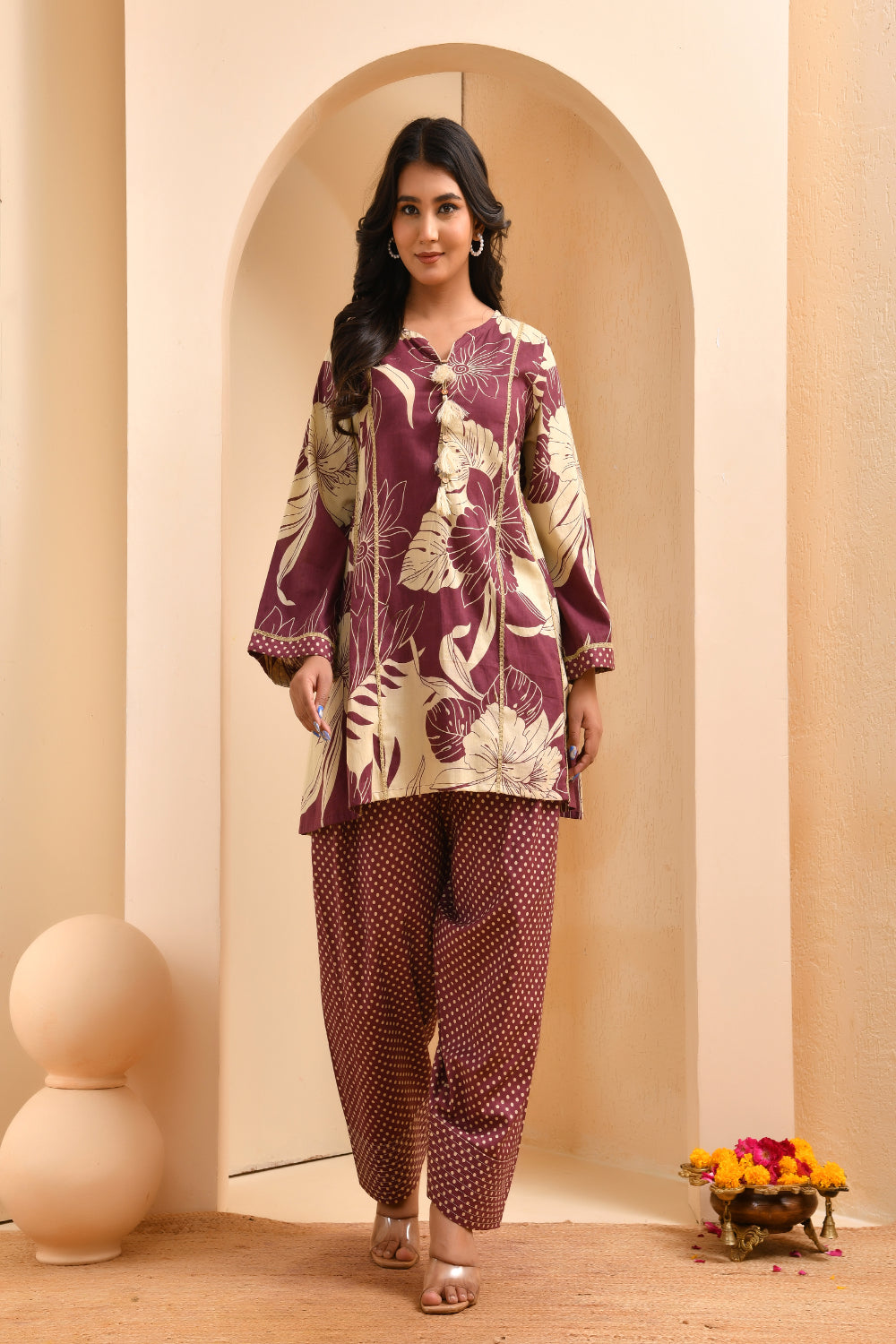 Vaasva Women Brown Cotton Cord Set With Fashi Pant - Swadesiicart