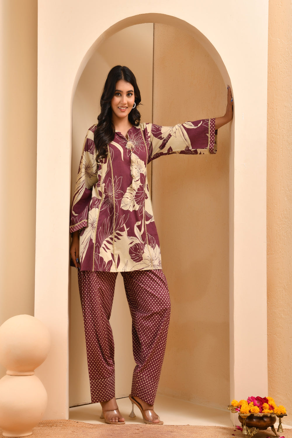 Vaasva Women Brown Cotton Cord Set With Fashi Pant - Swadesiicart
