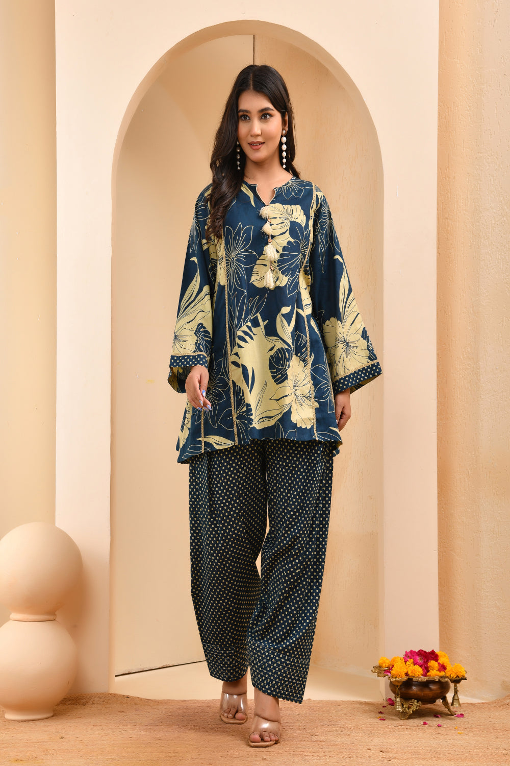 Vaasva Women Cobalt Blue Cotton Cord Set With Fashi Pant - Swadesiicart