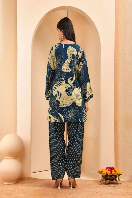Vaasva Women Cobalt Blue Cotton Cord Set With Fashi Pant - Swadesiicart