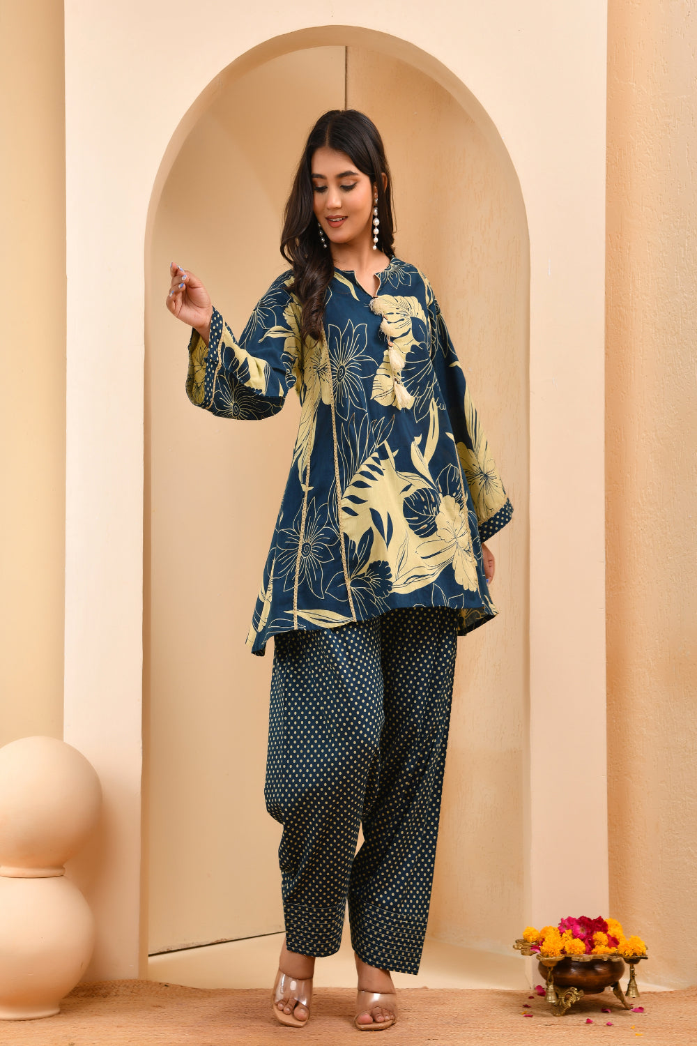 Vaasva Women Cobalt Blue Cotton Cord Set With Fashi Pant - Swadesiicart