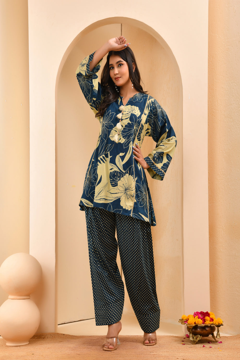 Vaasva Women Cobalt Blue Cotton Cord Set With Fashi Pant - Swadesiicart