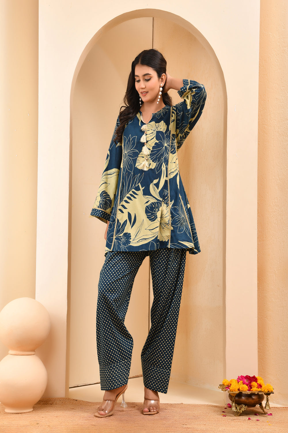 Vaasva Women Cobalt Blue Cotton Cord Set With Fashi Pant - Swadesiicart