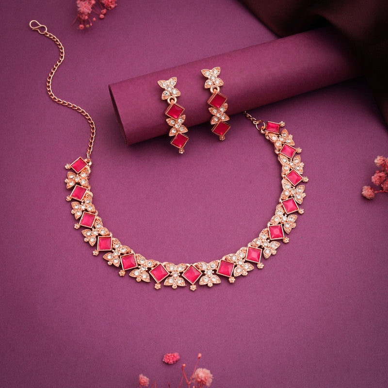 Tehzeeb Creations Rose Gold-Polished Pink Choker Necklace With Dangle Earrings - Swadesiicart
