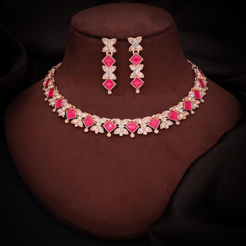 Tehzeeb Creations Rose Gold-Polished Pink Choker Necklace With Dangle Earrings - Swadesiicart