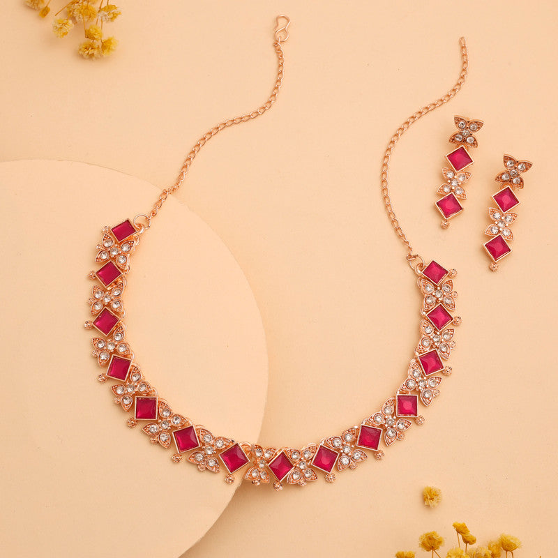 Tehzeeb Creations Rose Gold-Polished Pink Choker Necklace With Dangle Earrings - Swadesiicart