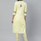 ADA Women Yellow & Olive Green Chikankari Floral Embroidered Sustainable Handloom Kurta with Trousers | Swadesiicart