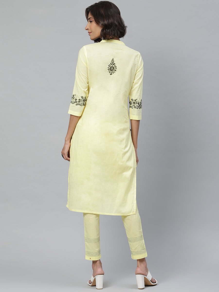 ADA Women Yellow & Olive Green Chikankari Floral Embroidered Sustainable Handloom Kurta with Trousers | Swadesiicart