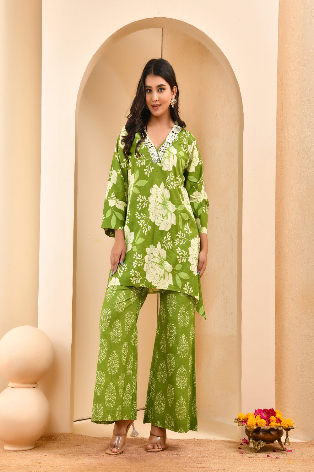 Vaasva Women Green Cotton Cord Set With Printed Pants - Swadesiicart