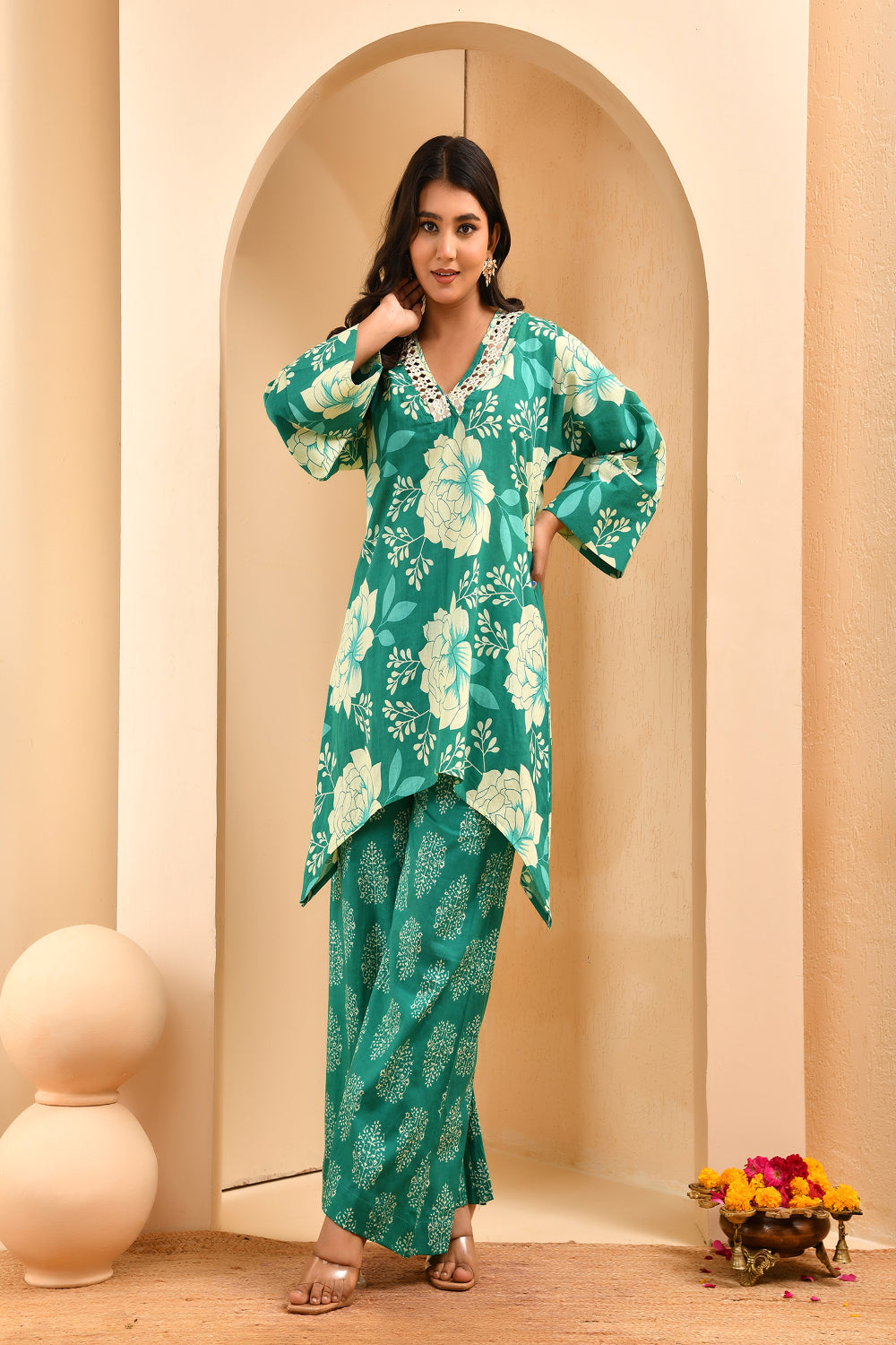 Vaasva Women Turquoise Cotton Cord Set With Printed Pants - Swadesiicart