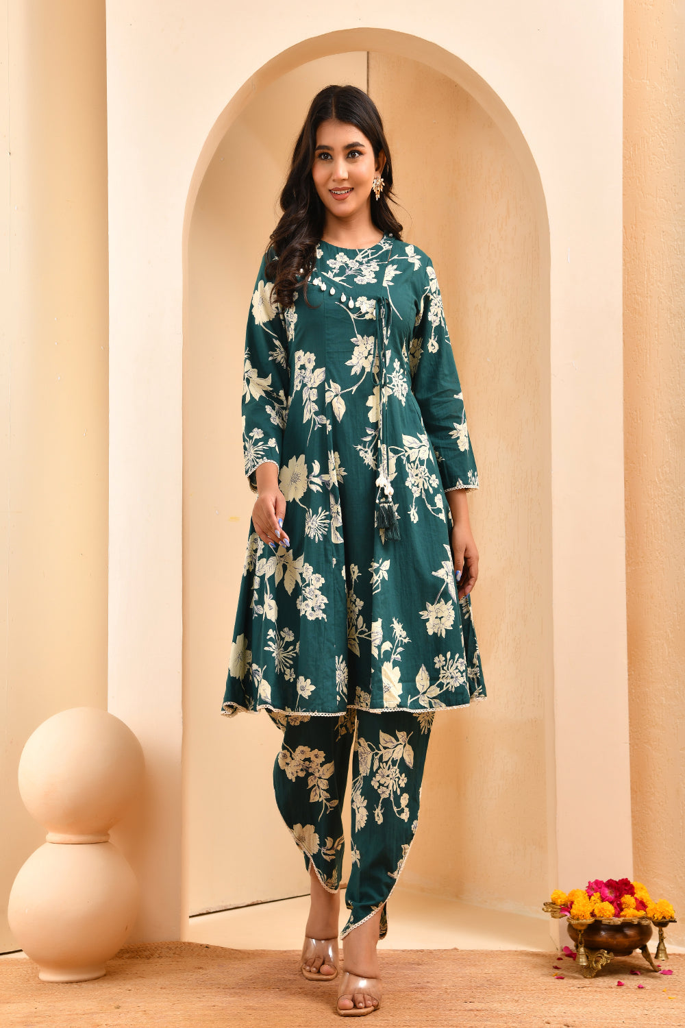 Vaasva Women Green Short Anarkali Kurta With Printed Pants | Swadesiicart