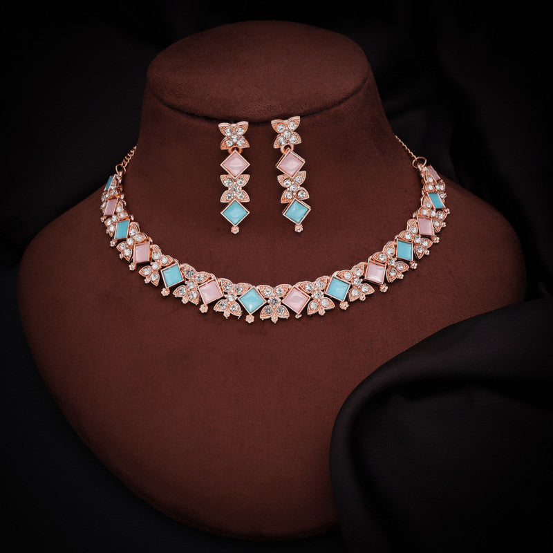 Tehzeeb Creations Rose Gold-Polished Sky & Baby Pink Choker Necklace With Dangle Earrings - Swadesiicart