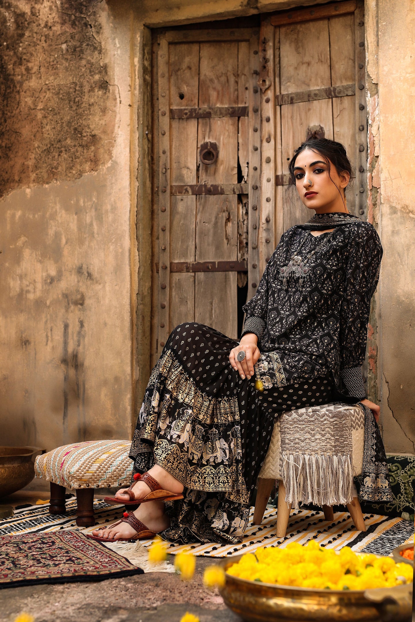 Juniper Women Black Georgette Printed Kurta, Sharara & Dupatta Set | Swadesiicart
