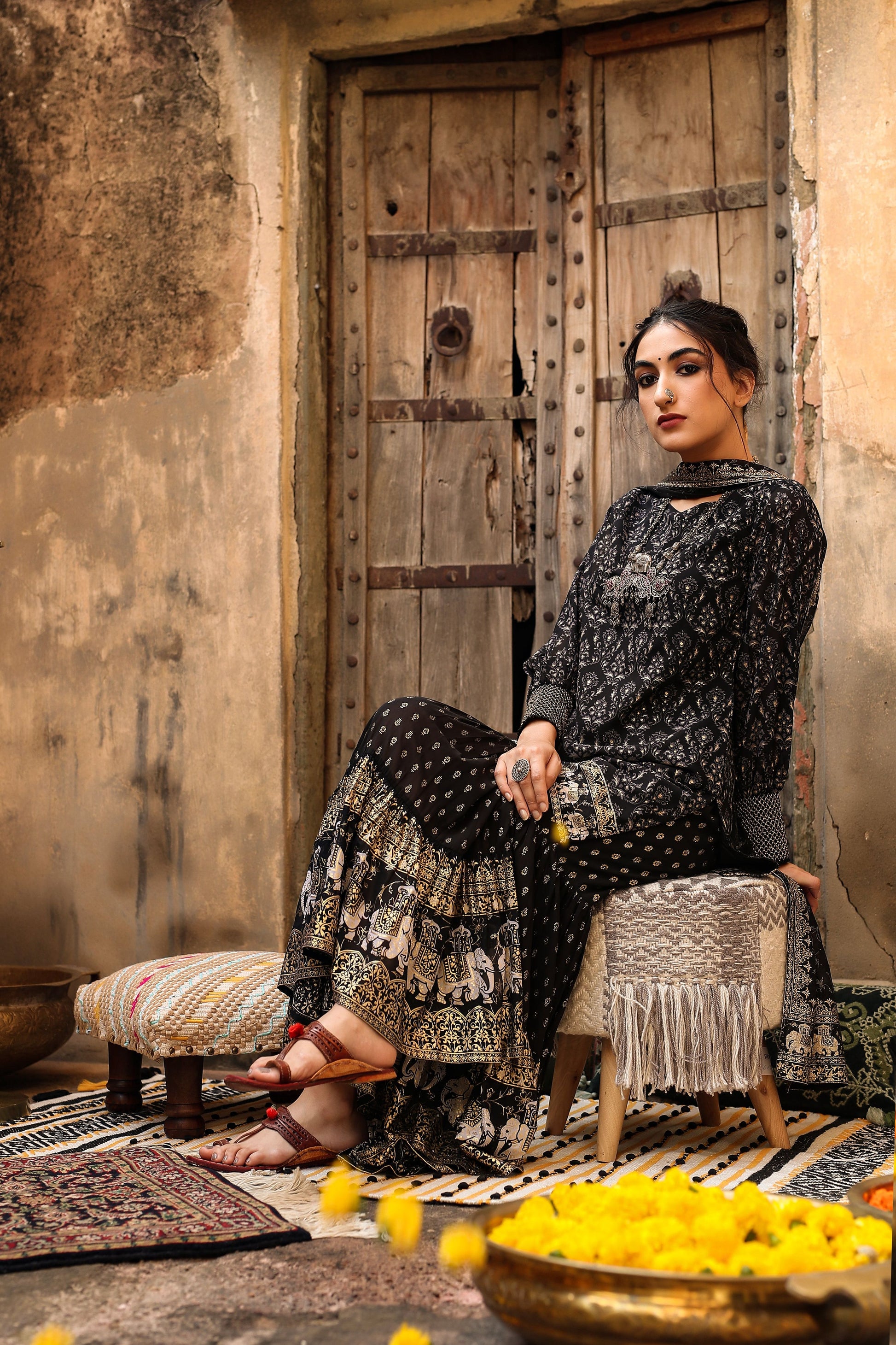 Juniper Women Black Georgette Printed Kurta, Sharara & Dupatta Set | Swadesiicart