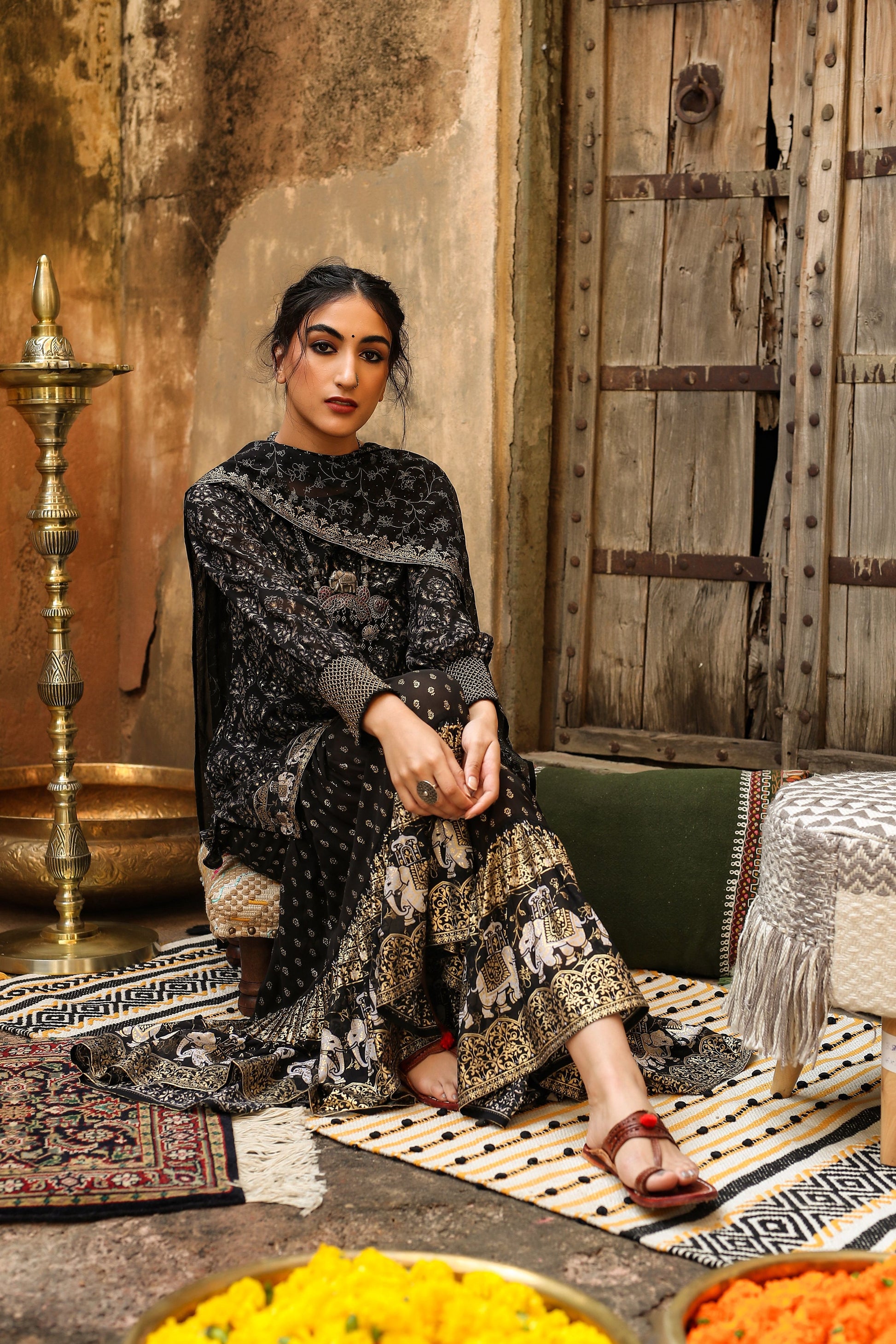 Juniper Women Black Georgette Printed Kurta, Sharara & Dupatta Set | Swadesiicart