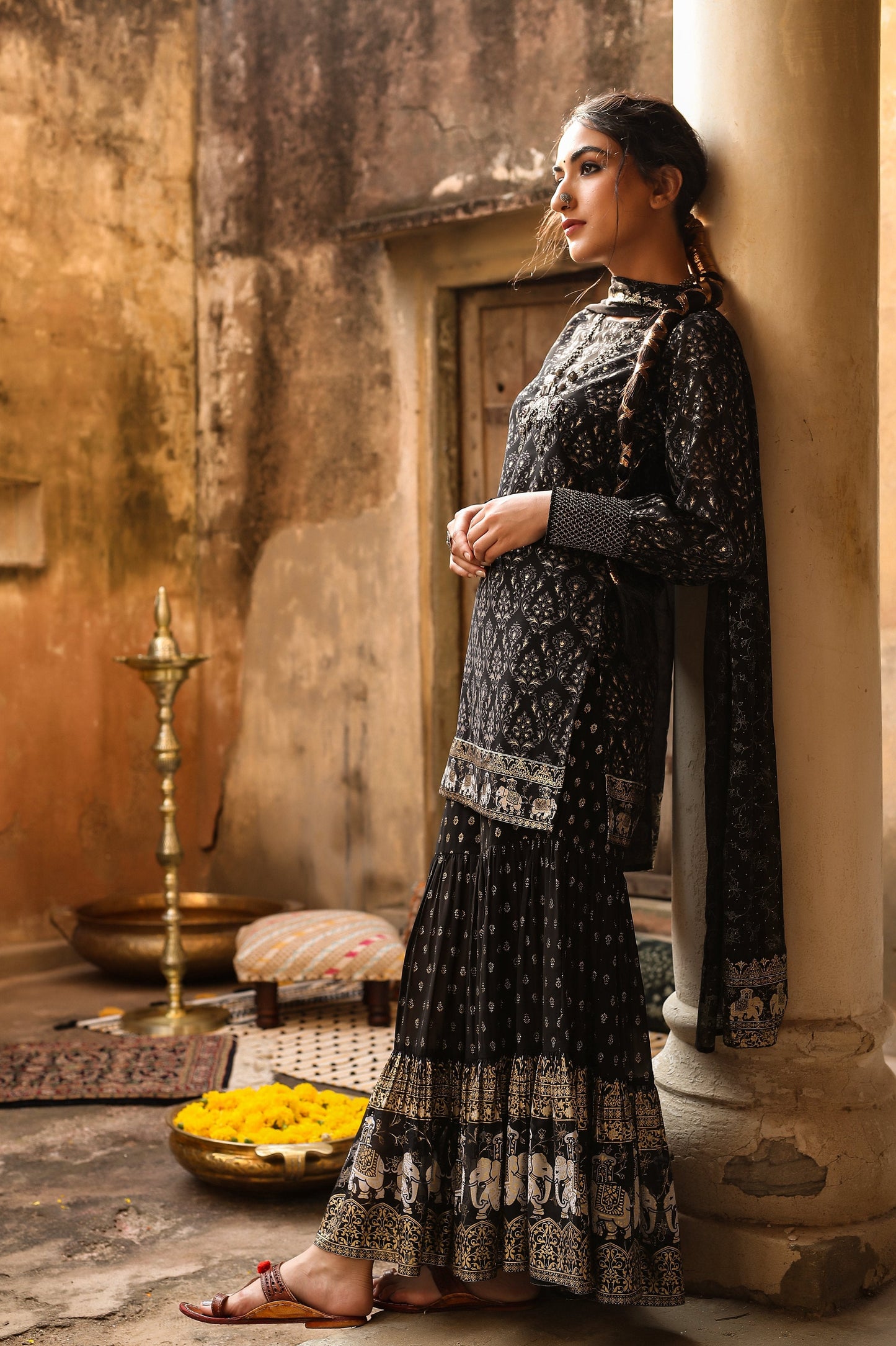 Juniper Women Black Georgette Printed Kurta, Sharara & Dupatta Set | Swadesiicart