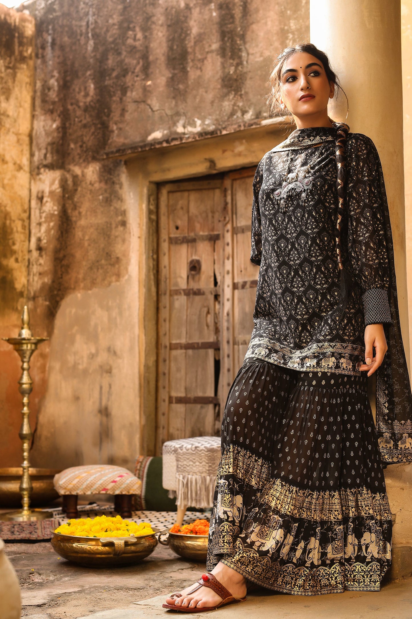 Juniper Women Black Georgette Printed Kurta, Sharara & Dupatta Set | Swadesiicart