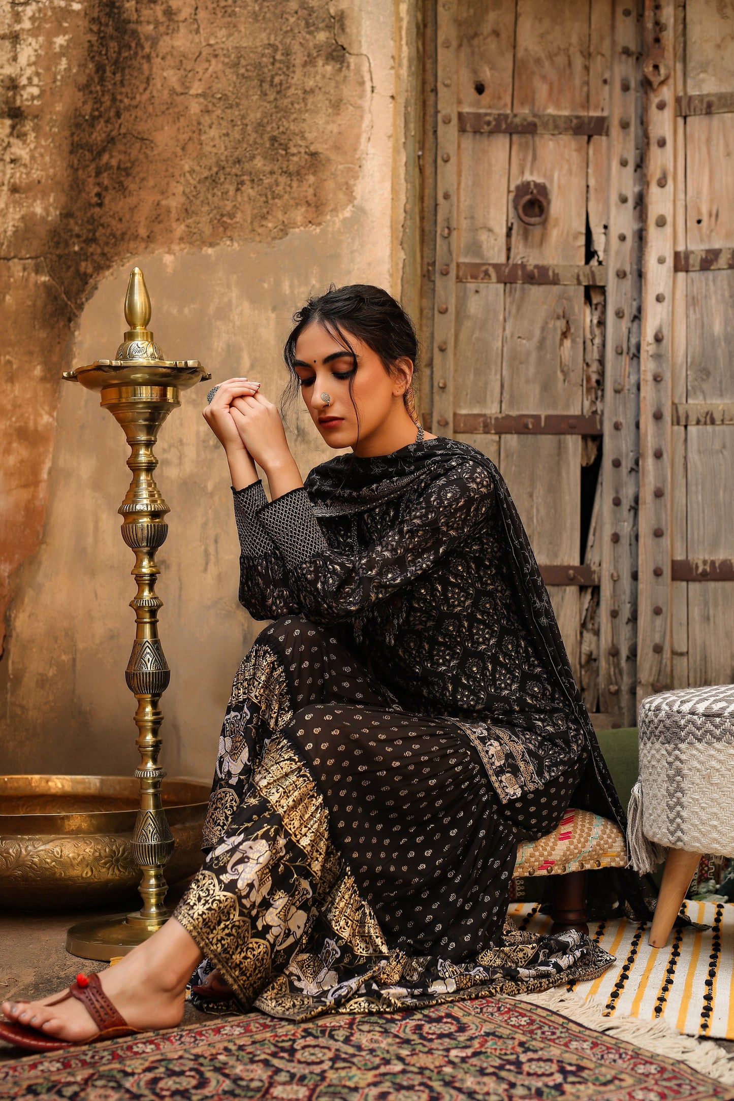 Juniper Women Black Georgette Printed Kurta, Sharara & Dupatta Set | Swadesiicart