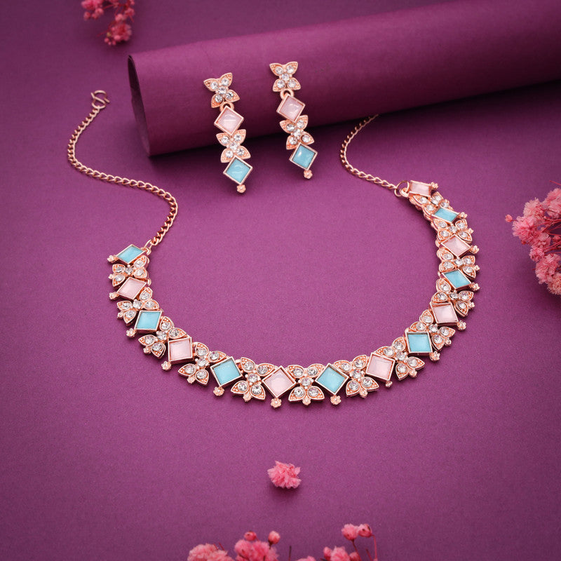 Tehzeeb Creations Rose Gold-Polished Sky & Baby Pink Choker Necklace With Dangle Earrings - Swadesiicart