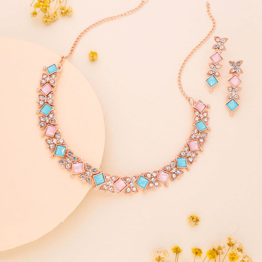 Tehzeeb Creations Rose Gold-Polished Sky & Baby Pink Choker Necklace With Dangle Earrings - Swadesiicart
